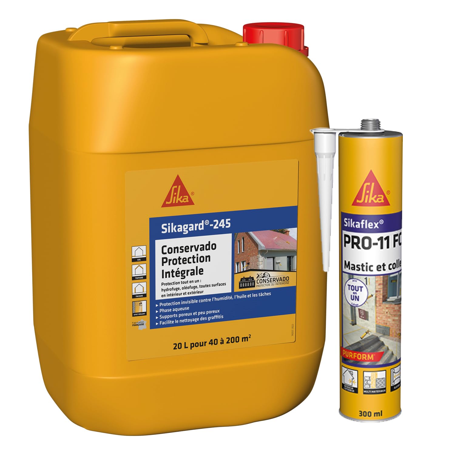 SIKA - Protection hydrofuge tout en 1 - Pour façade, toiture, terrasse et sol - Prêt à l'emploi - 20L + Mastic-Colle PU - Tout en 1 - Multi-matériaux - Int/Ext - Blanc- 300ml