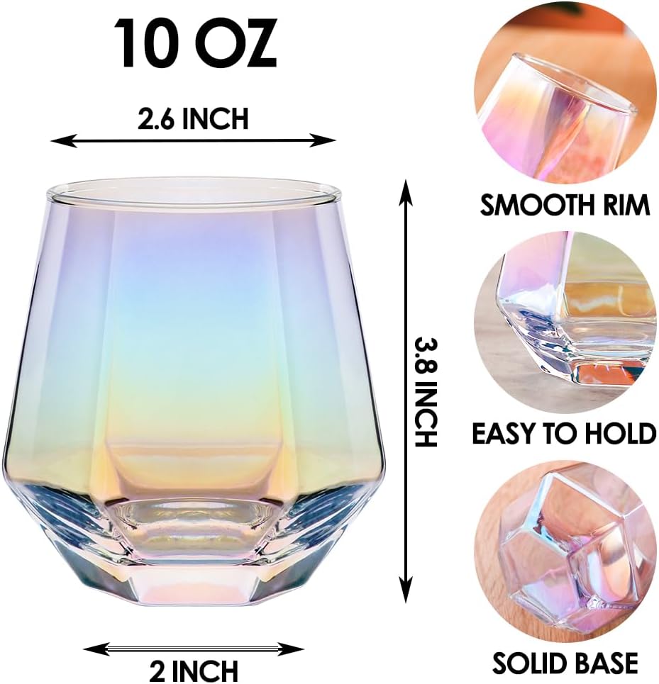 Gutsdoor Stemless Wine Glasses Set of 4, 10 OZ Diamond Shaped Wine Glasses, Iridescent Glassware Engagement Wedding Gifts