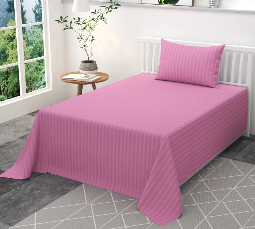 MAYSHA CREATIONS 300TC Glace Cotton Plain Stripe Queen Size Single Bedsheet with 1 Pillow Cover for Home, Hotel, Guest Room (60 X 90) Inch, Pink Pack 5