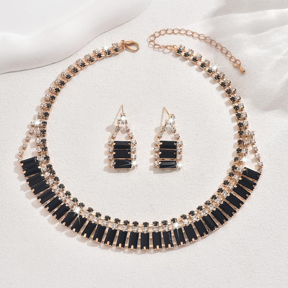 Boho Fashion Prom Shinny Black Rhinestones Choker Necklace Earrings Set Dainty Layered Sexy Choker Necklace Gold Black Halloween Christmas Necklace for Women - Image 4