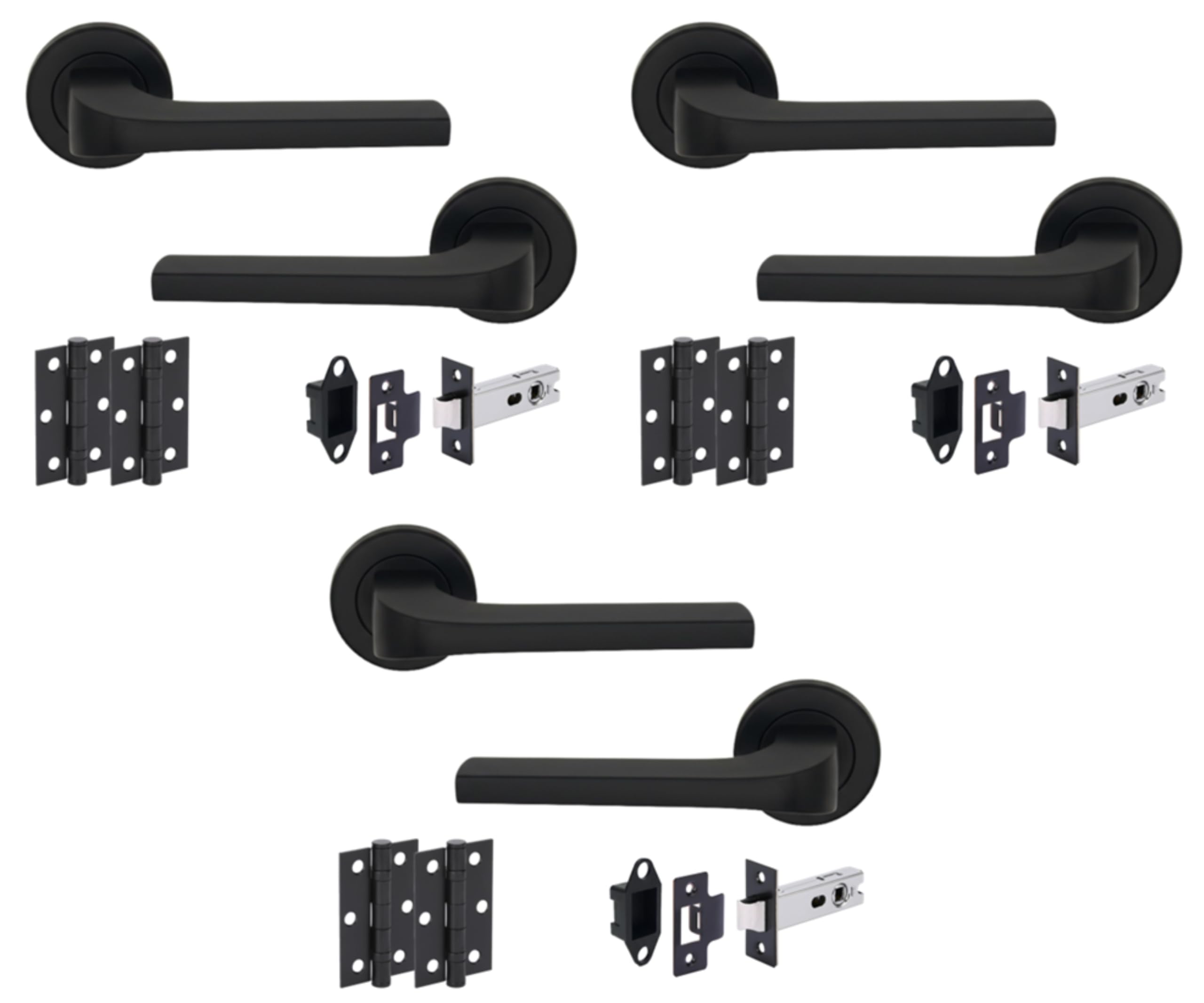 Hunta HANDLEZONE® Vento Matt Black Internal Door Handle Pack - 3 Pack - Lever on Rose Set - 76mm Tubular Latch (57mm Backset) & 2 Ball Bearing Hinges - Passage for Internal Wooden Doors