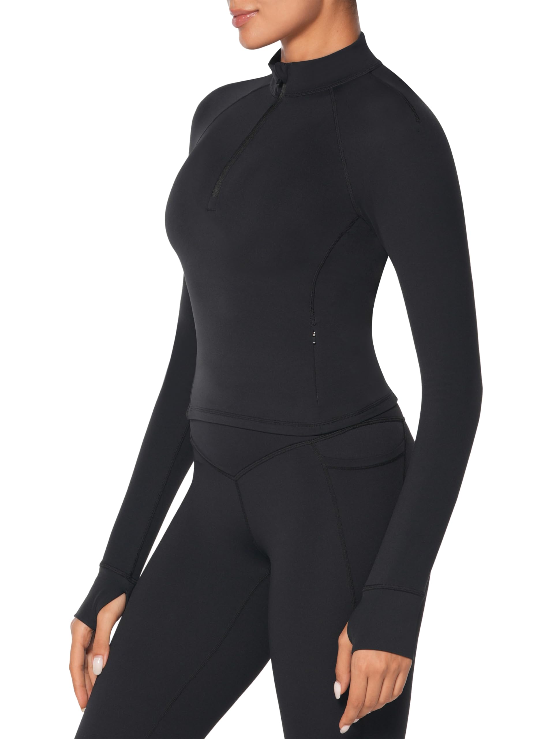 Sunzel Women's Long Sleeve Workout Crop Tops, Half Quarter Zip Compression Shirts with Thumbholes Quick Dry Athletic Running Black Large