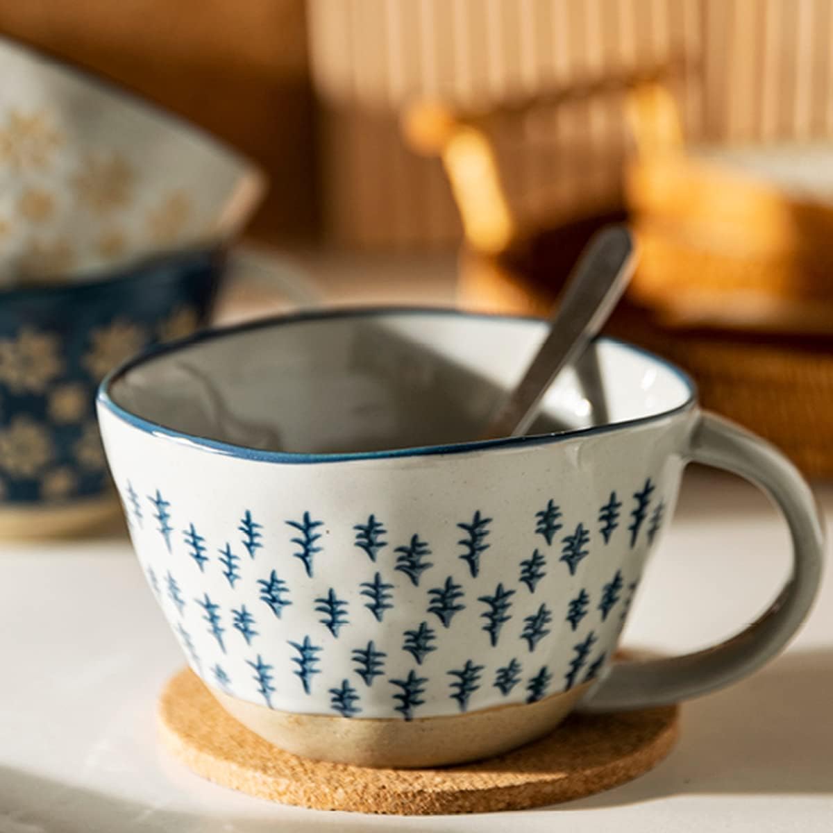 Keramik Kaffeebecher Kaffeetasse, Keramikbecher, dekorative Tasse, Emaille-Becher mit Henkel, Tasse im japanischen Stil, handbemaltes Muster, 11 Unzen, 1 Stück(D)
