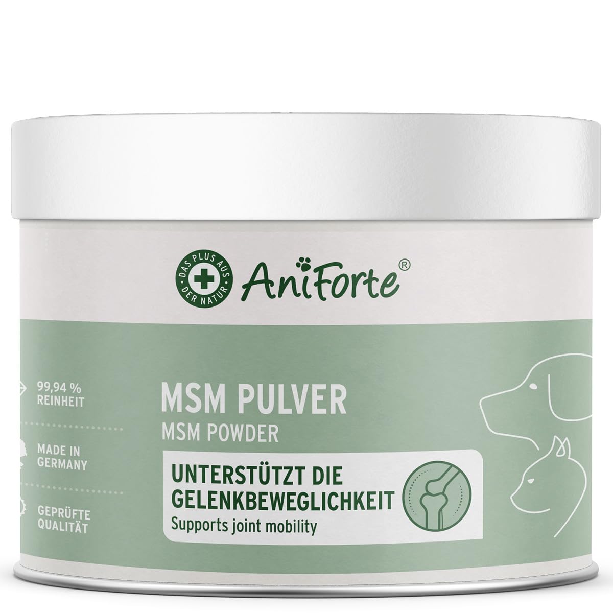 AniForte MSM Pulver für Hunde & Katzen 300 g – Hochreines Methylsulfonylmethan, Hochdosiert mit Reinheitsgrad 99,94%, organischer Schwefel für Tiere als Gelenkpulver, höchste Qualität