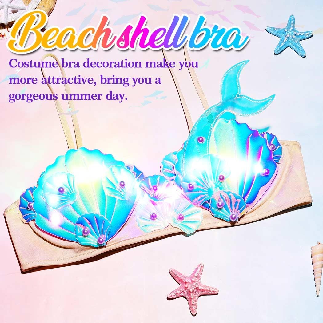 Aukmla Mermaid Costume Seashell Bra Top LED Light Up Shell Rave Bikini Crop Tops - Image 3