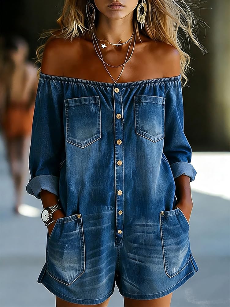 ORANDESIGNE Combishorts Femme Jeans Manche Longue Été Combinaison Jean Large Décontracté Chic élégante Combishort épaules Dénudées