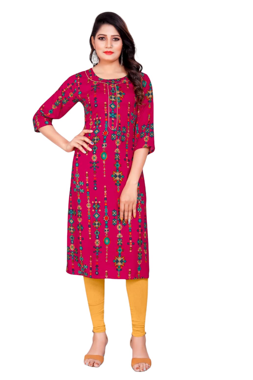 Drashti VillaWomen's Straight A-Line Mill and Foil Printed Fully Stitched Rayon 3/4 Sleeve Kurtie for Girl's