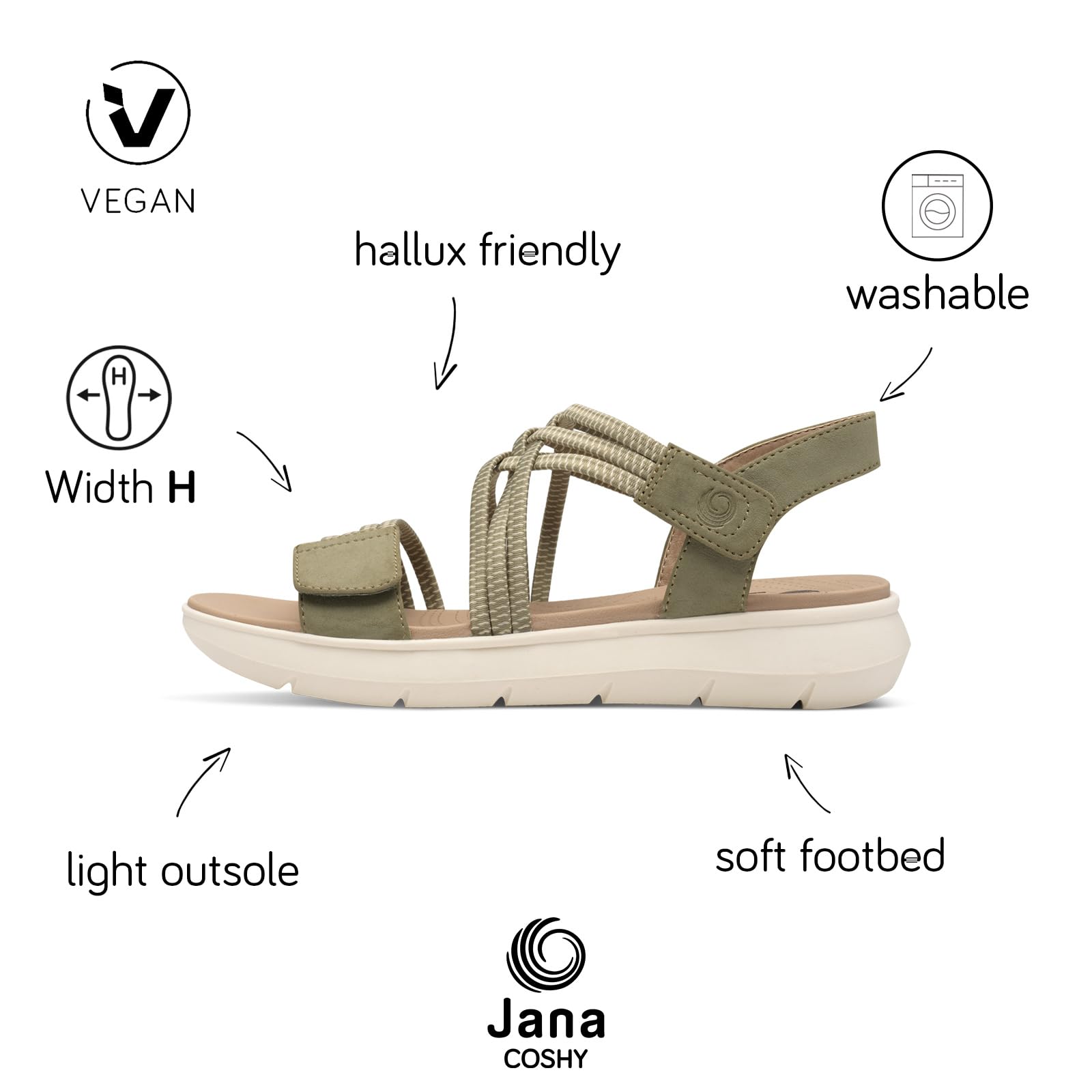 Jana Coshy Damen Sandalen flach mit Klettverschluss Vegan, Grün (Sage), 37 EU – Ansicht 2