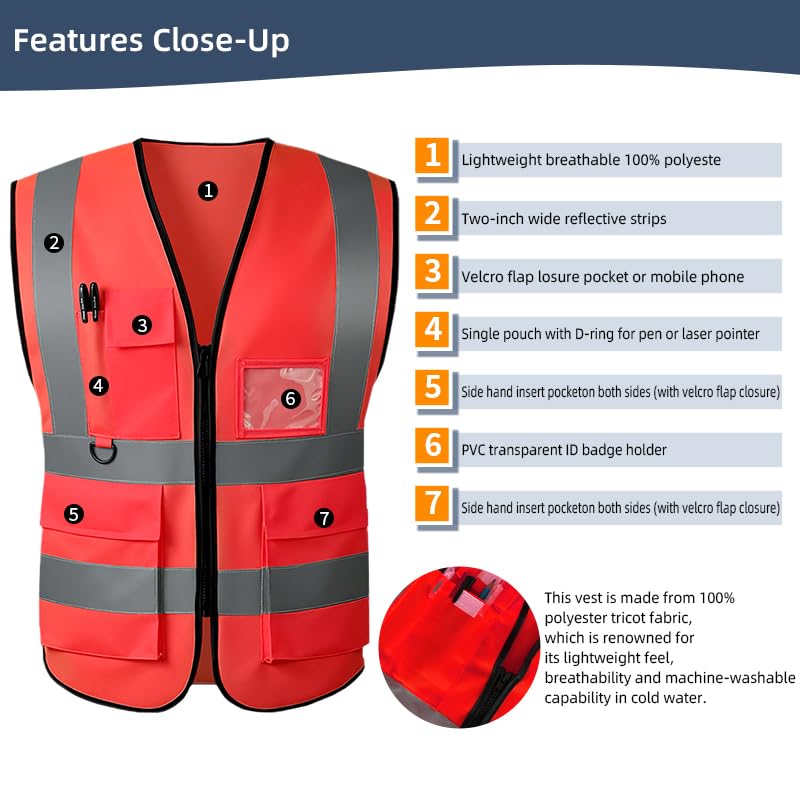 Image of High Visibility Safety Vest with Reflective Strips & Pockets | High Visibility | 360 Reflective Strips | 5 Pockets | Zipper Front | Lightweight Polyester | ANSI /ISEA 107 Class 2 Type R