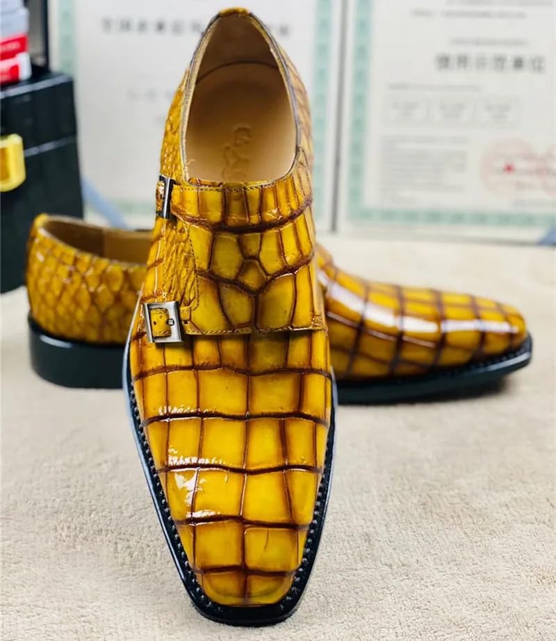 Authentic Crocodile Belly Skin Square Toe Men's Gold Color Dress Shoes Genuine Alligator Leather Buckle Strap Male Party Oxfords3