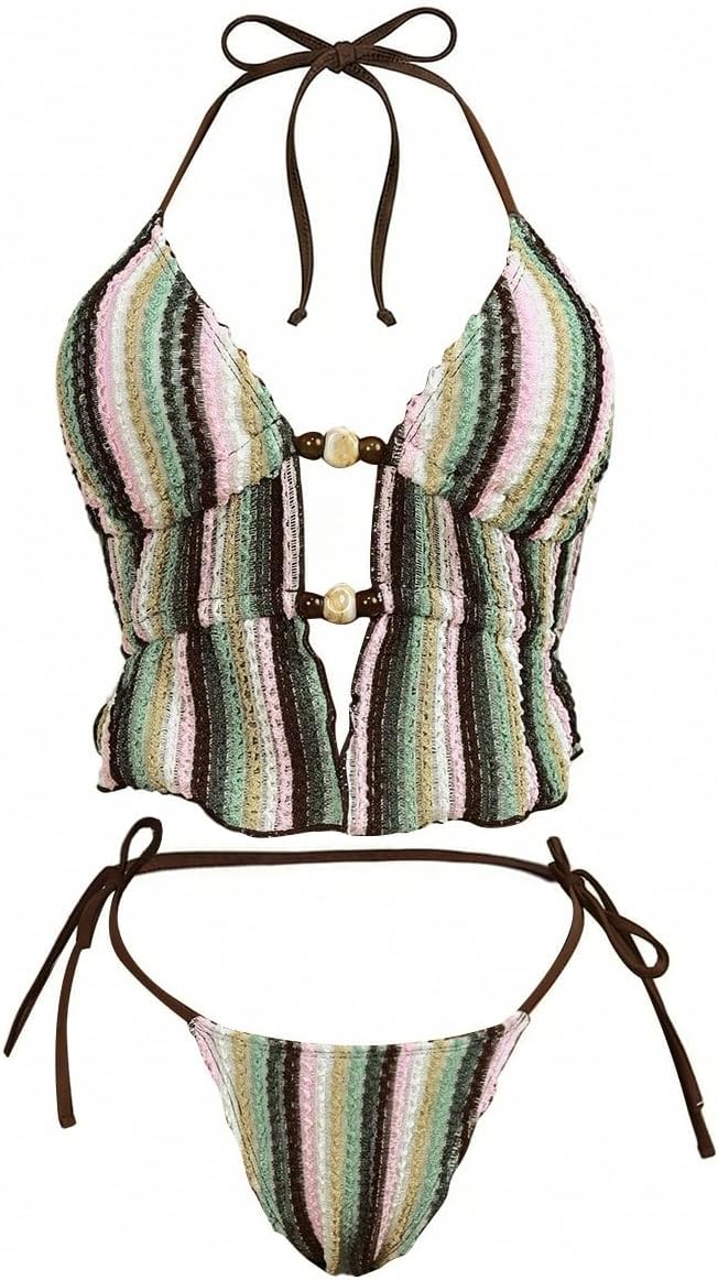 Women's 2 Piece Beaded Tankini Sets Halter Swimsuits Textured Backless Tie Side Bathing Suit
