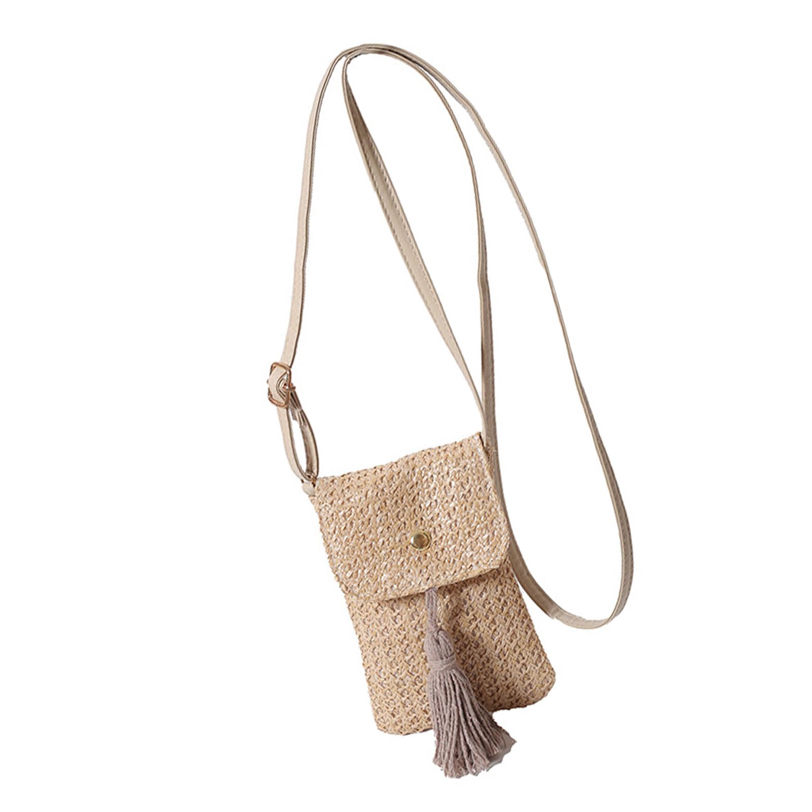 TONXX Beach Woven Straw Tassels Small Phone Bag for Women's Fashion Shoulder Crossbody Purse Wallet with Adjustable Strap Khaki