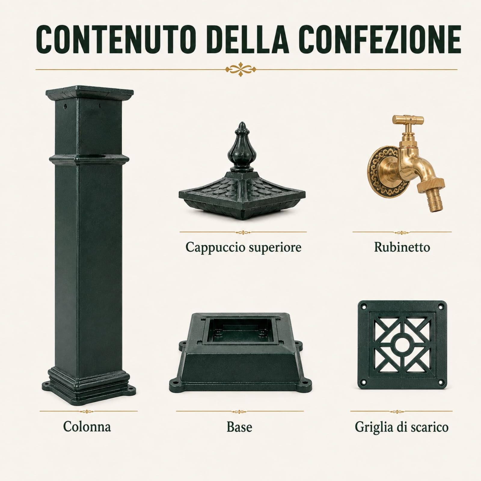 Fontanella da giardino in ghisa con rubinetto, colonna d'acqua retrò 73 cm | Rivestimento resistente alle intemperie, griglia removibile, ingresso inferiore, montaggio a pavimento, tubo non incluso