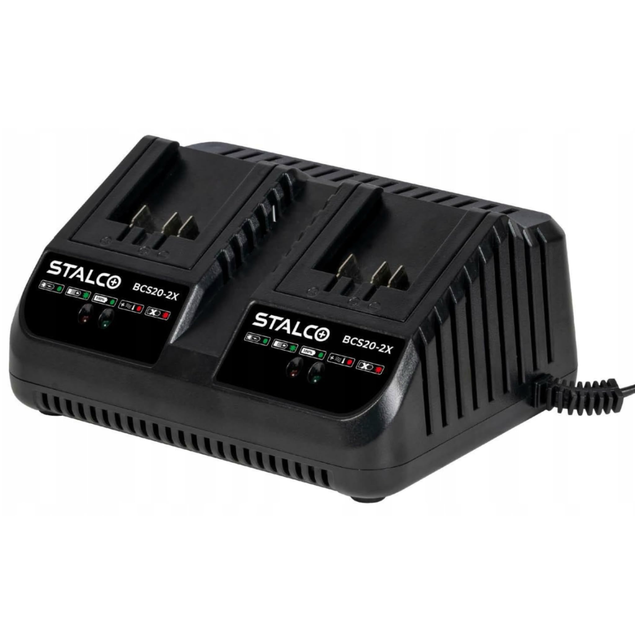STALCO S-Volt BCS20-2X - Caricatore rapido 18-20V Li-Ion, 2 porte di ricarica contemporaneamente, 4A corrente di uscita, per batterie STALCO