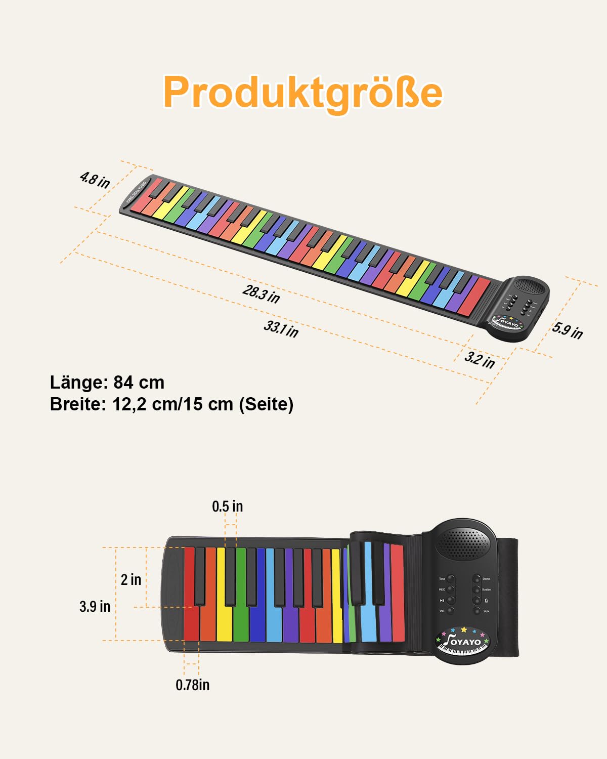 49 Tasten Roll up Faltbares Piano Klavier für Anfänger, Regenbogen Electronic Keyboards mit 8 Töne 6 Demos, Wiederaufladbar Silikon Mini Klavier mit Aufnahme Monitor modus
