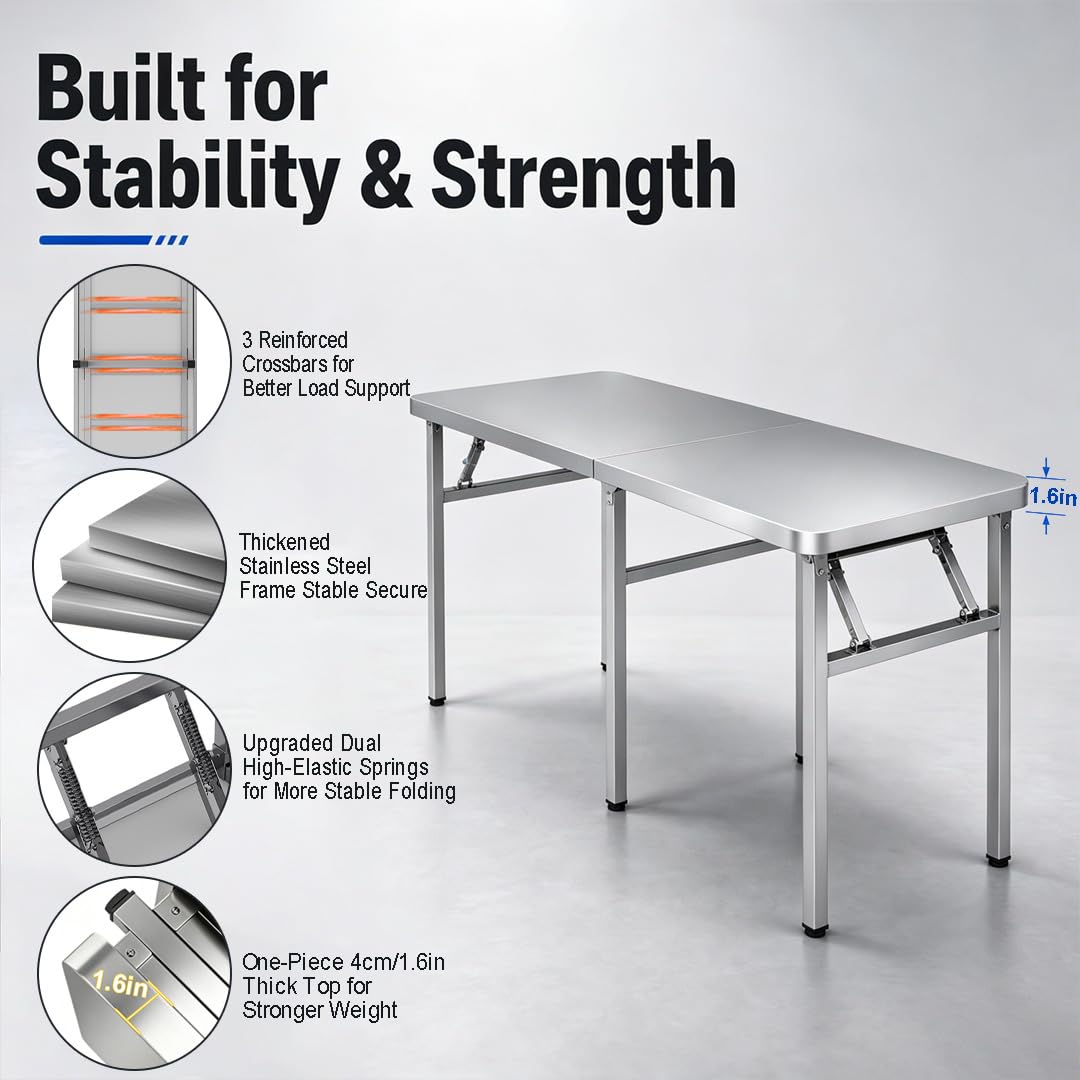 Banco de Trabajo Resistente de Acero Inoxidable 304, Mesa de preparación de Cocina Plegable, Mesa Plegable para lavandería, Ideal para Camping, barbacoas y restaurantes (tamaño: 59 * 23.6 * 28.7