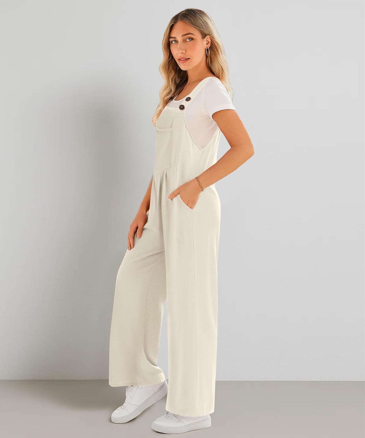 NILOUFO Women Wide Leg Bib Overalls Casual Loose Jumpsuits Sleeveless Adjustable Strap Rompers with Pockets - Image 3