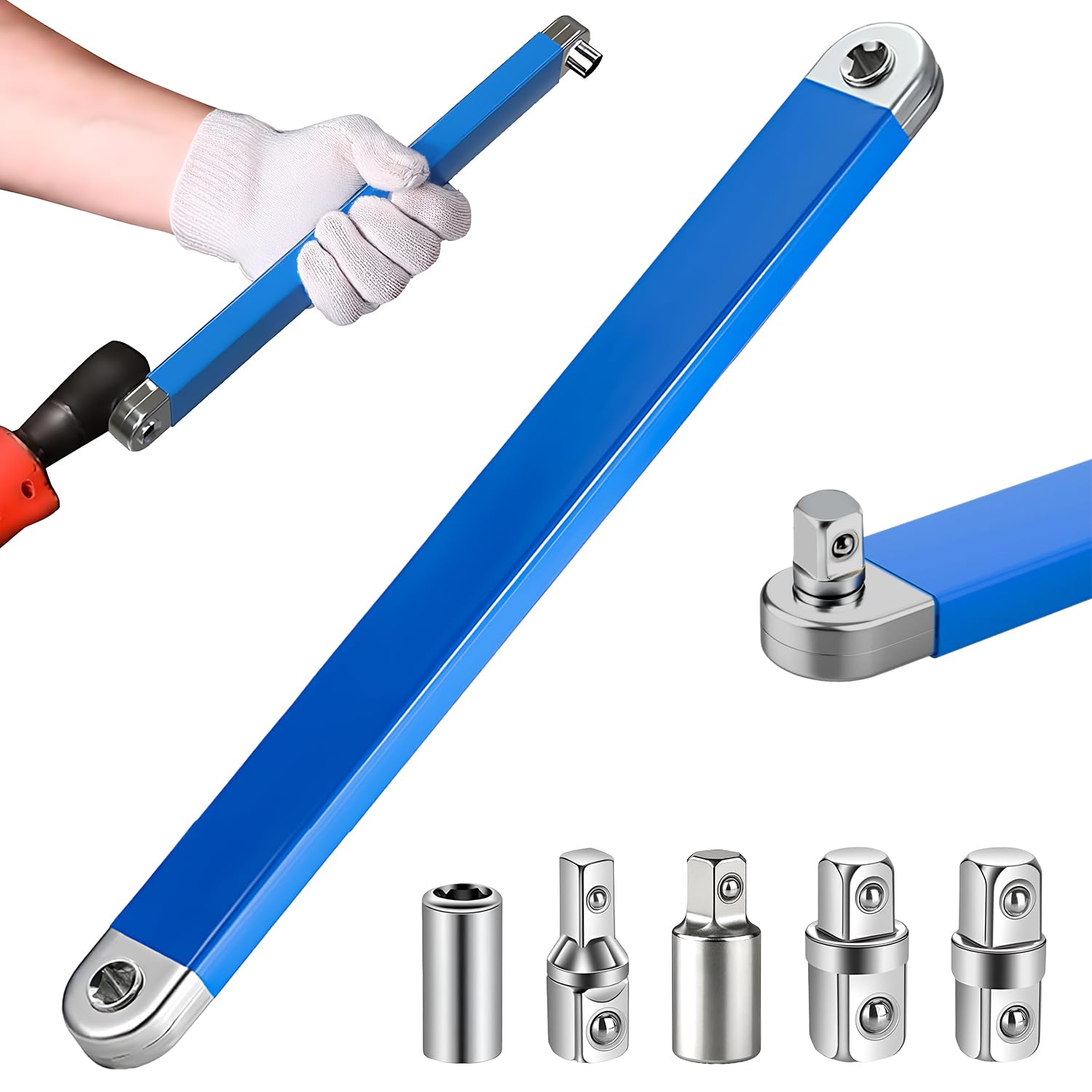Rallonge Cliquet Professionnelle, Jeu de Clés avec 5 Adaptateurs D'entraînement 1/2", 1/4" et 3/8", Clé D'extension Coudée, pour Clé Universelle Allongée
