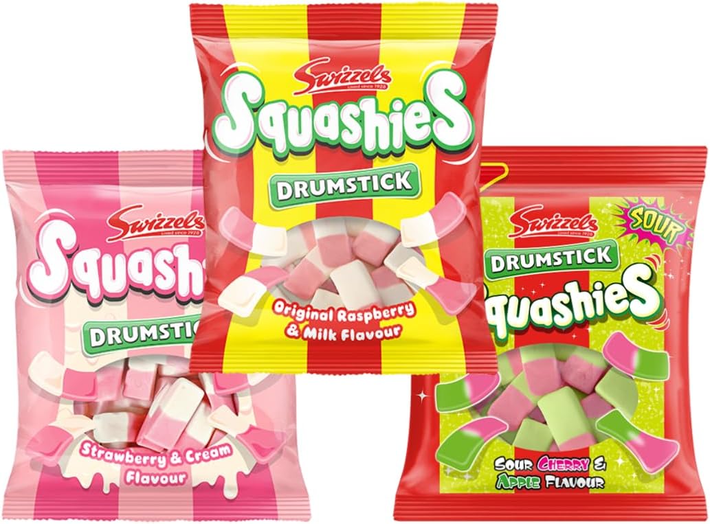 Squashie DrumStick Candies Variety Multipack - 3 Pack BUNDLE - (120g each) - IMPORTED FROM THE UK (Original, Strawberry & Cream and Sour Cherry & Apple)