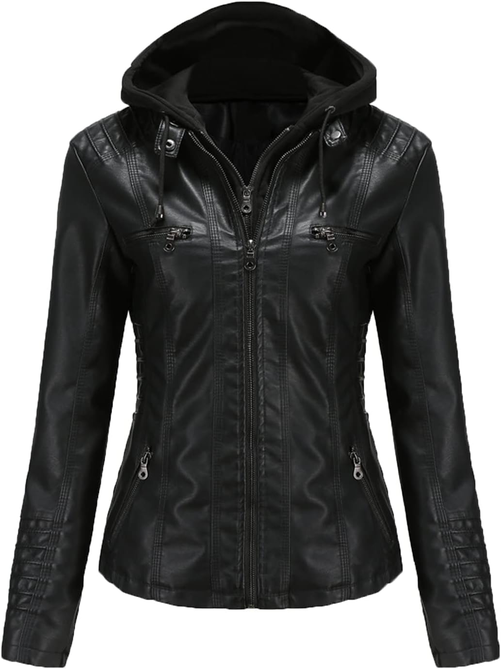 JEsilunmaMY Women's Leather Jacket with Removable Hooded Full Zip Long Sleeve Moto Biker Coat Plus Size Motorcycle Jackets