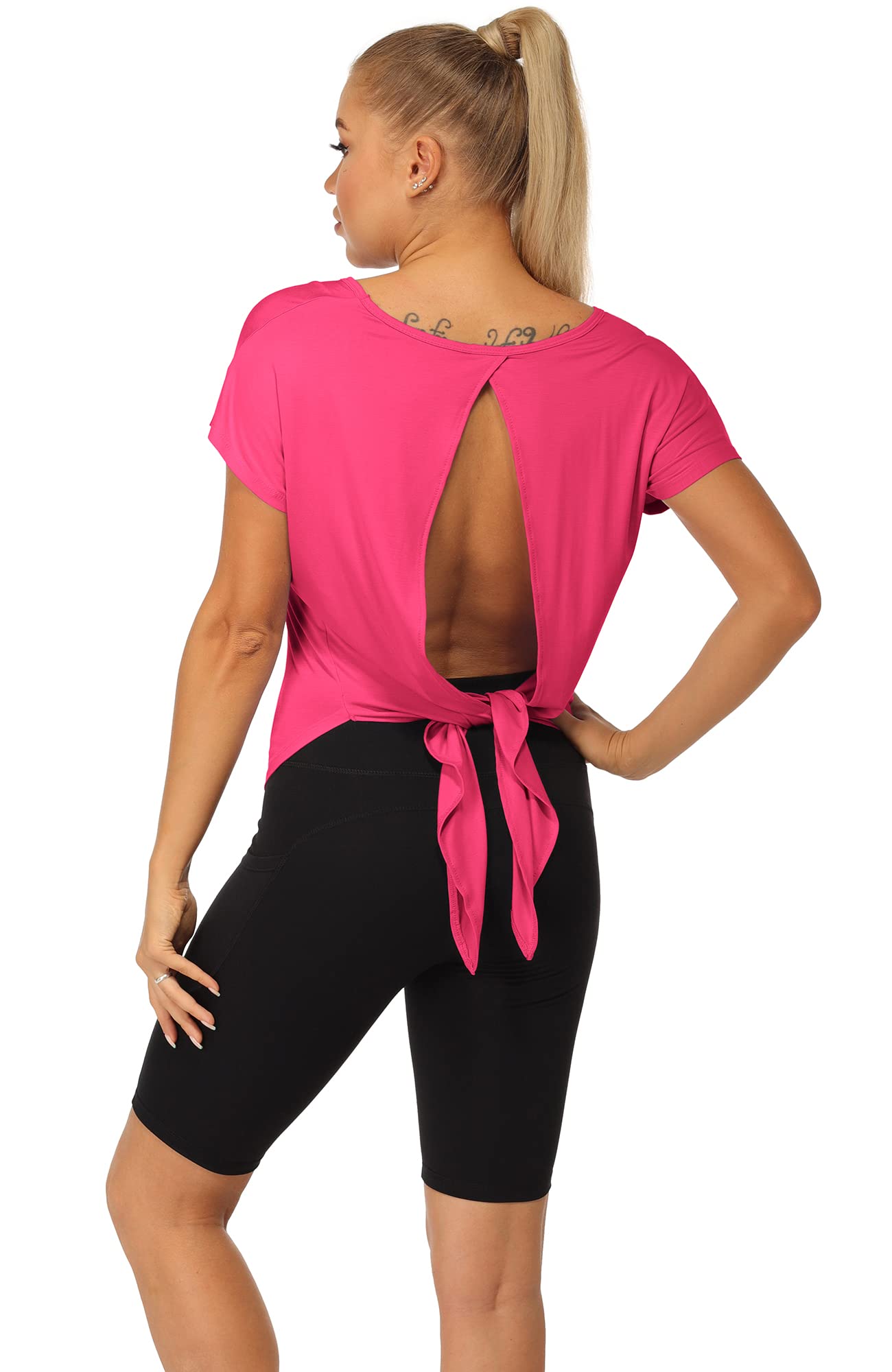 icyzone T-Shirts de Sport Femme Dos Ouvert Yoga Tops Manches Courtes Respirant Décontracté Tee Shirt, Lot de 2