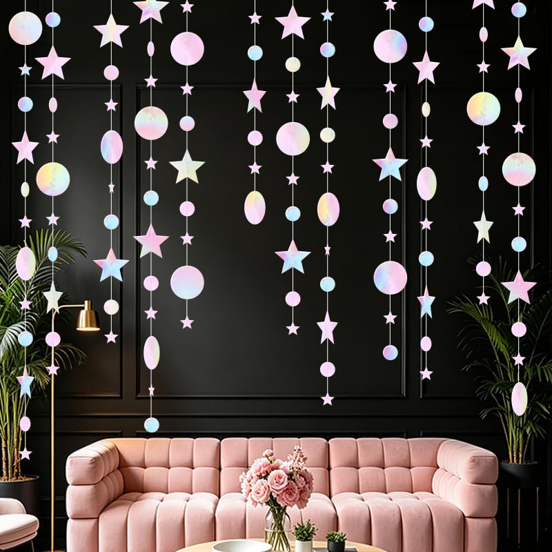 Image of Iridescent Pink Party Decoration Iridescent Pink Star Circle Dot Hanging Garland Streamer Decorations Glitter Star Bunting Banner Twinkle Backdrop for Wedding Baby Shower Birthday Christmas