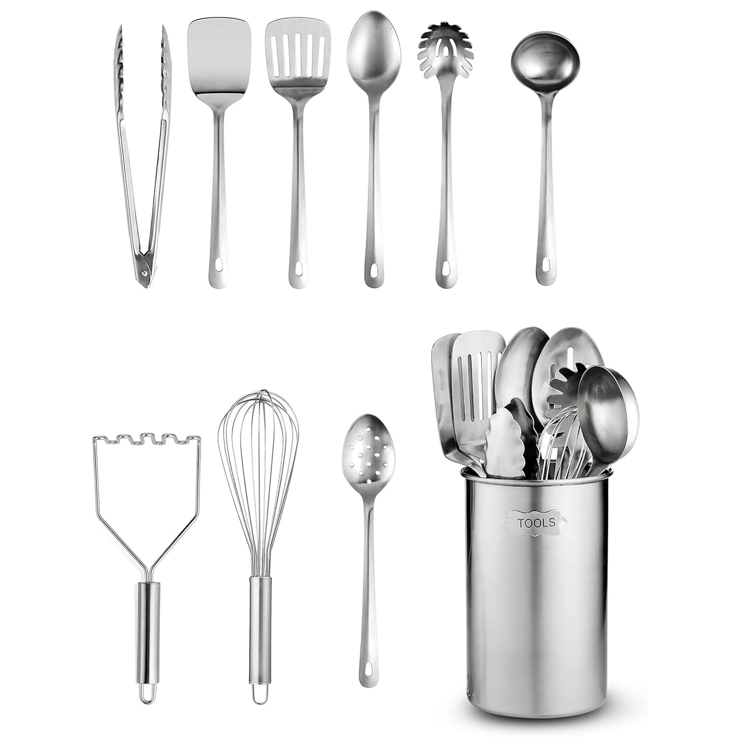 Photo 1 of 10 PCS Cooking Utensils Set, Stainless Steel Kitchen Tool Set with Turner, Spaghetti Server, Ladle, Serving Spoons, Whisk, Tongs, Potato Masher & Utensil Holder