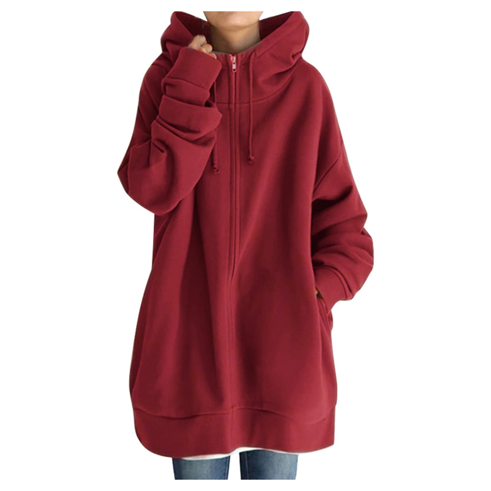 Y2K Damen-Kapuzenpullover mit durchgehendem Reißverschluss, mit Fleece gefüttert, einfarbig, trendig, cool, mit Kapuze, Jacken für Teenager, langer Reißverschluss, leichter Pullover, Hoodies, Pullover