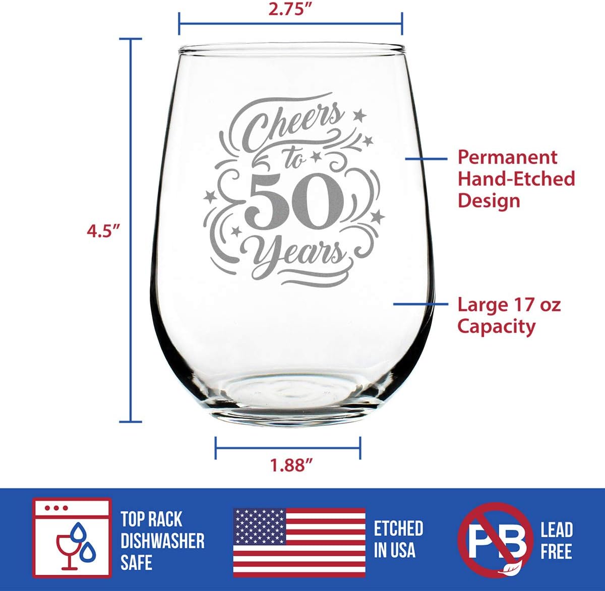 Bevvee Cheers to 50 Years - Stemless Wine Glass Gifts for Women & Men - 50th Anniversary or Birthday Party Decor - Large Glasses - Image 5