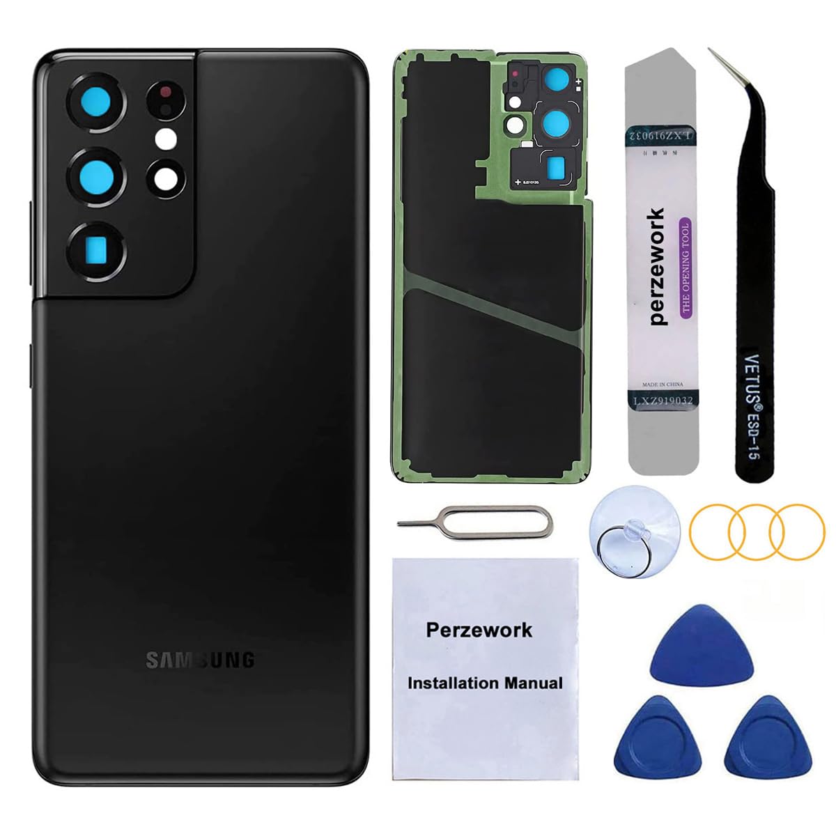 Rear Back Glass Replacement for Samsung Galaxy S21 Ultra 5G with Pre-Installed Adhesive and Repair Tool Kits (Phantom Black)