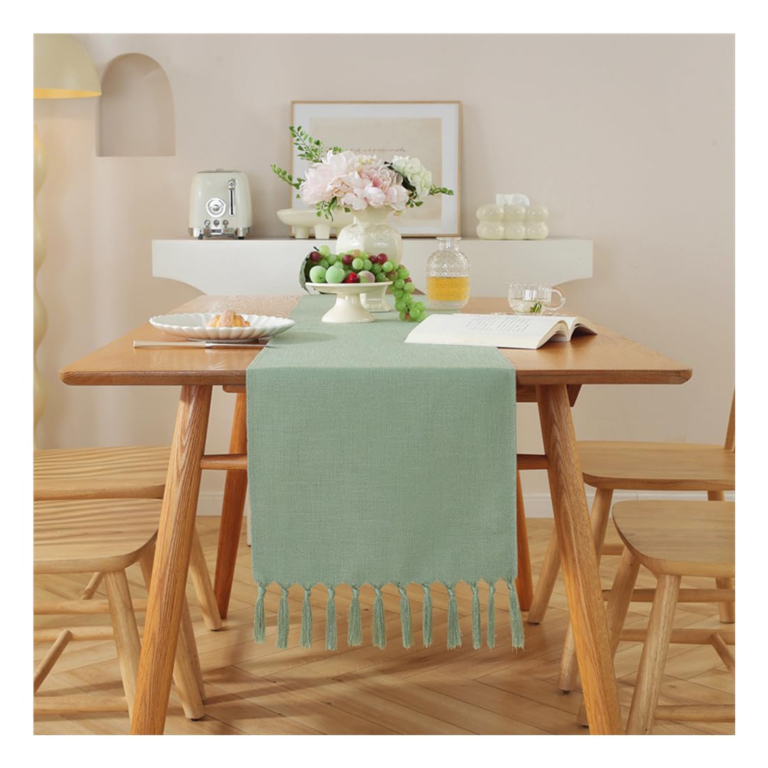NIUSABOU Kitchen Dining TableDecoration, Solid Color Table Runner With Fringe, Coffee Cover, Multicolor, 33x(92-275) cm(Ht Green,33x228cm(12.9x89.7in))