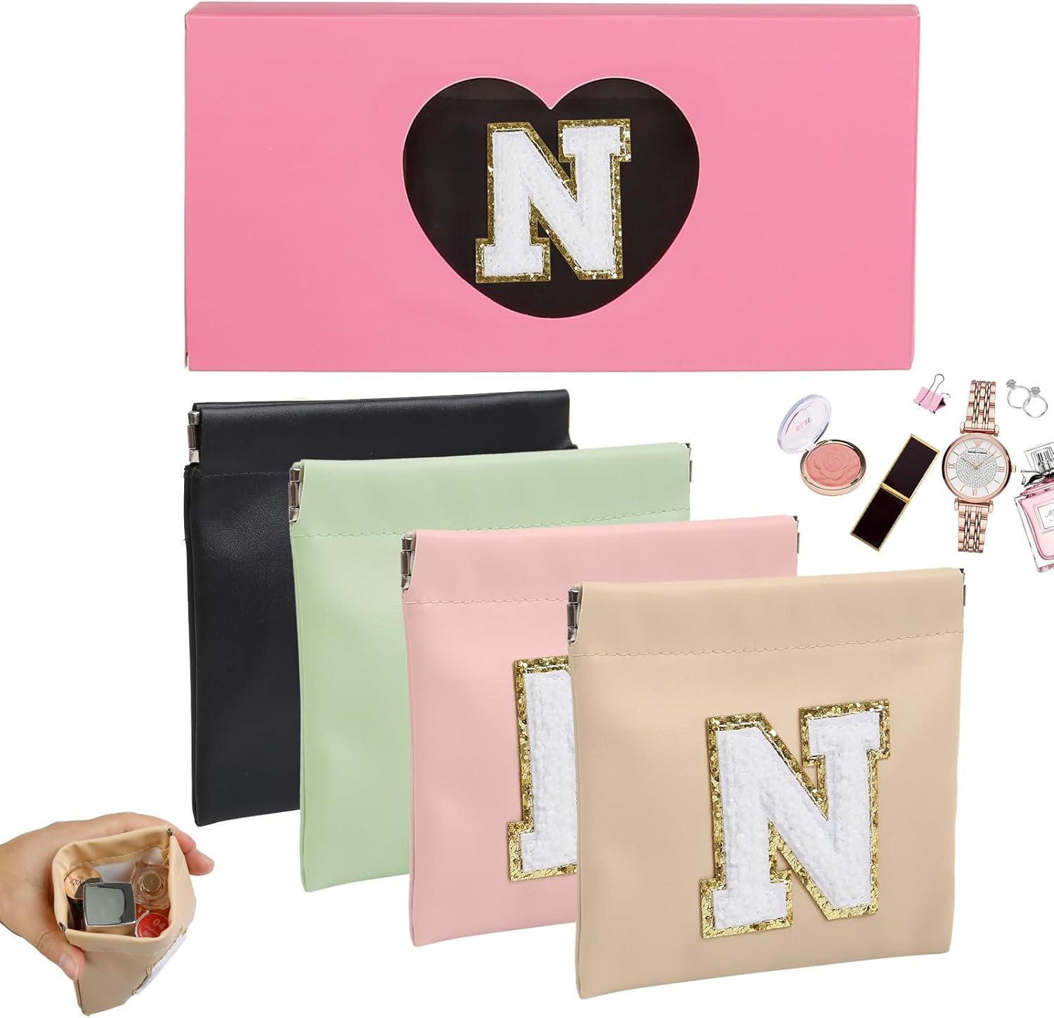 4 PCS Small Initial Makeup Bag for Purse Mini Portable Cosmetic Bags for Women Coin Purse Lipstick Cosmetic Accessories Organizer Small Travel Kit Storage Pouch (N, Middle (4.7” W x 4.5” H))