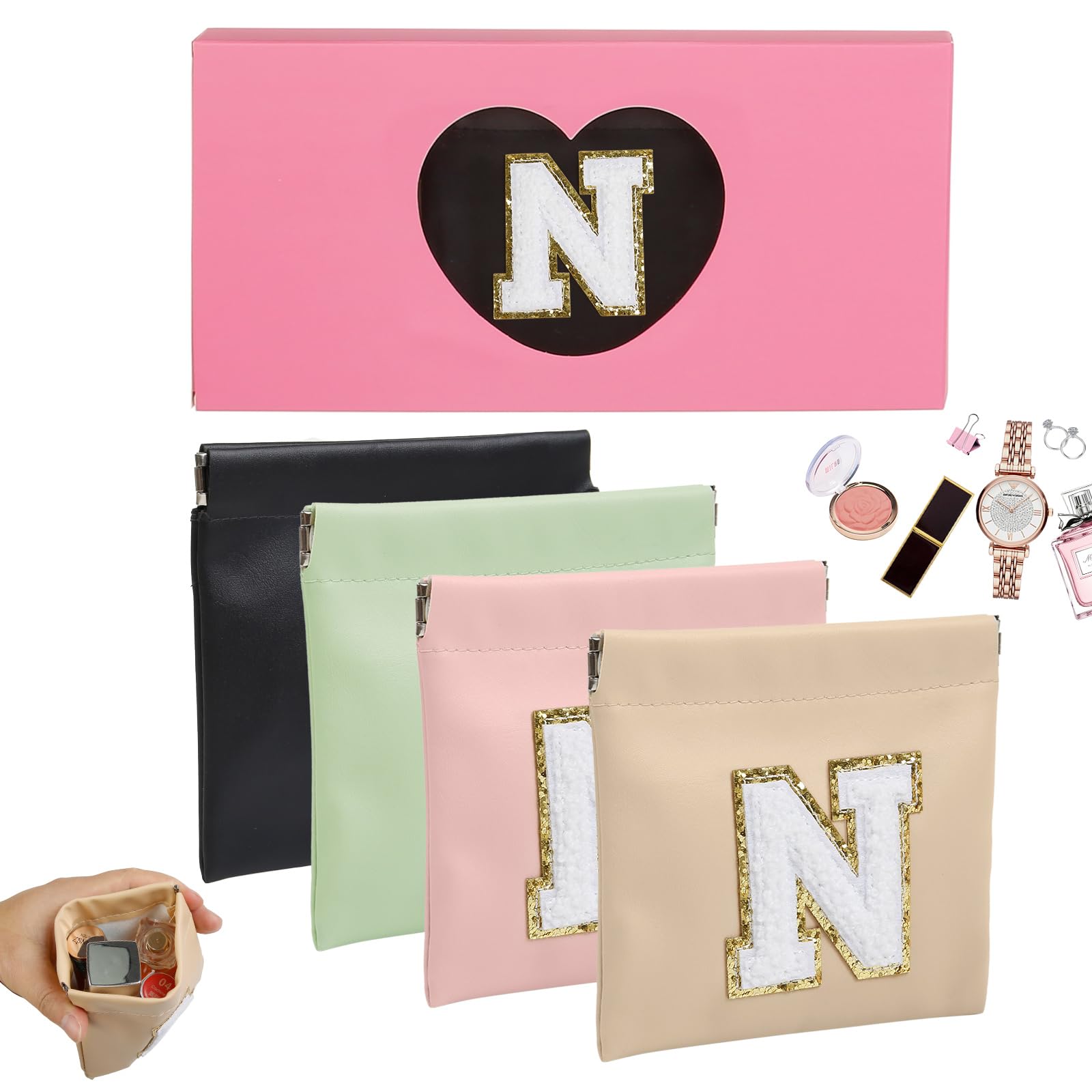 AIBFRID 4 PCS Small Initial Makeup Bag for Purse Mini Portable Cosmetic Bags for Women Coin Purse Lipstick Cosmetic Accessories Organizer Small Travel