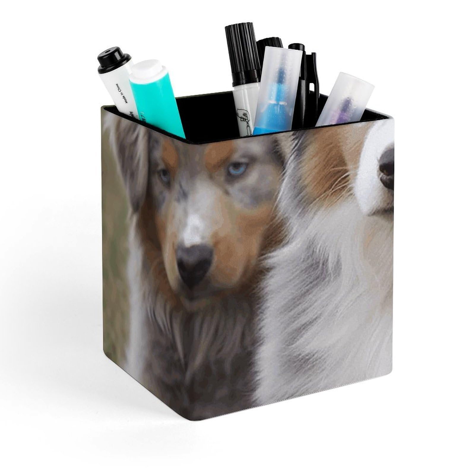 FekiLoot Australian Shepherd Pencil Holder Square Leather Pen Holder Cup Modern Multi-Functional Pencil Cup Holder Decorative Desk Organizer Caddy Makeup Brush Holders for Desk Office