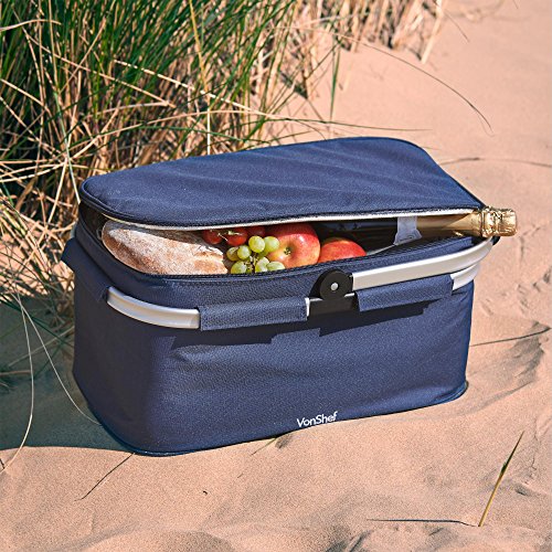 VonShef Cooler Bag Large 30L Navy Insulated Foldable, Collapsible Picnic Lunch Keep Cool Outdoor Travel Cooler