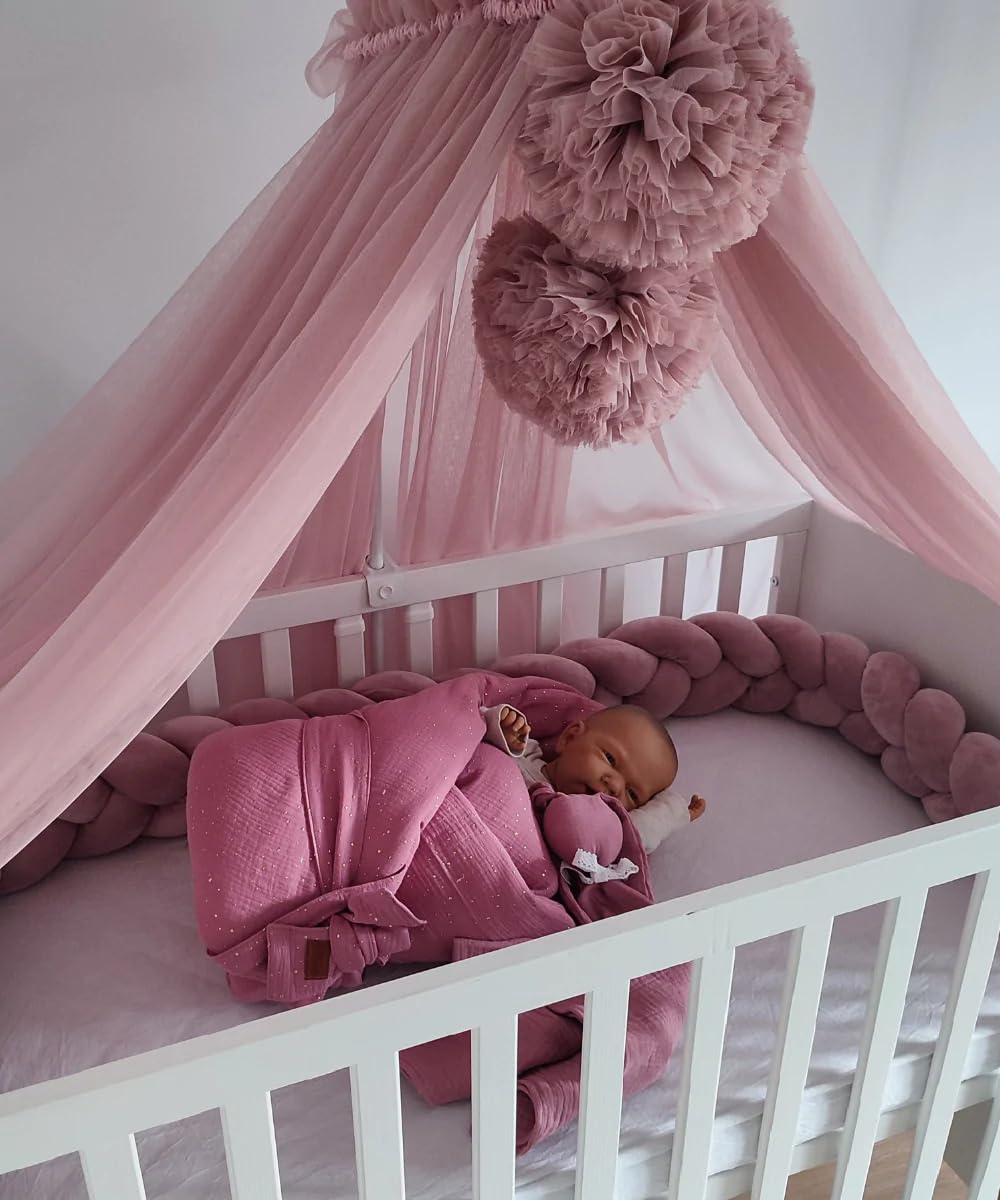 KOELL Baldachin für Kinderzimmer – Tüll Baldachin mit Pompons, Handgenäht, Bettdekoration, Oeko-Tex Material, Altrosa
