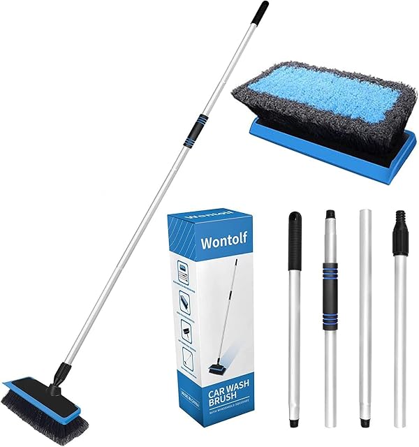 CityMoka Car Wash Brush with Long Handle | 62.5'' Car Cleaning Telescopic Brush Kit With Scraping Head | Adjustable Aluminum Rod Length | Car Wash Equipment for Car RV SUV Truck Boat Pool