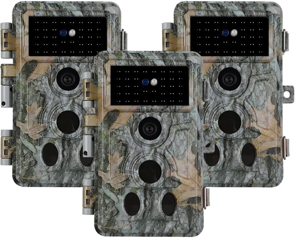 3-Pack Trail Camera 64MP 1296P with No-Glowing Night Vision & Motion Detection 120° Wide Angle, 0.1s Trigger Time, IP66 Waterproof Game Camera for Outdoor Hunting