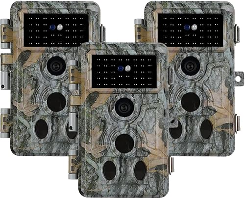 Paquete de 3 cámaras Trail de 64MP 1296P con visión nocturna sin brillo y detección de movimiento, gran angular de 120, tiempo de disparo de 0.1s,