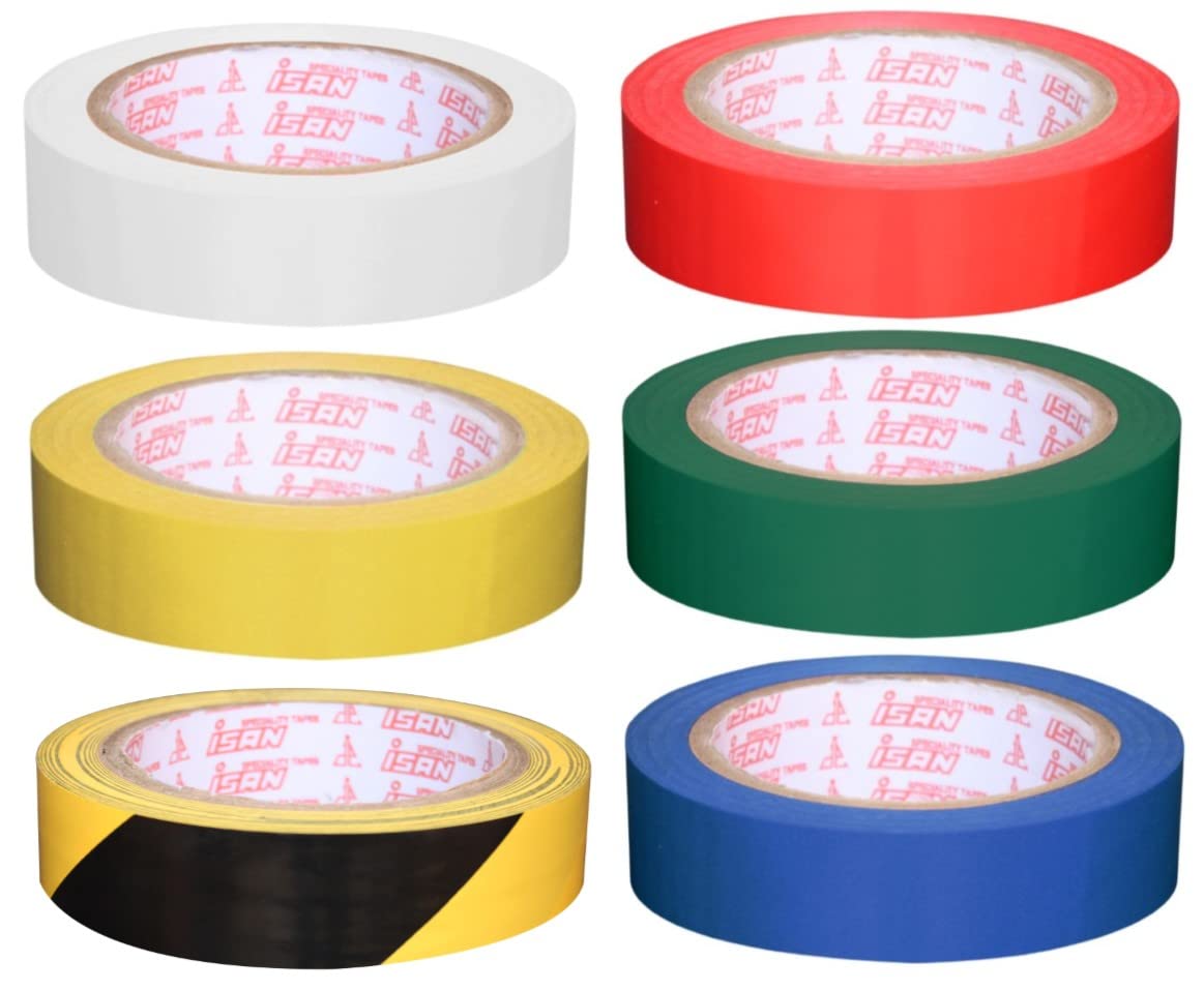 ISAN® Floor Marking Vinyl Tape YELLOW+RED+GREEN+BLUE+WHITE+YELLOW BLACK STRIPES Colour 24mm (1" Approx) Width X 17m Length Non-Abresive PVC Tape (1 Pc. Each) (B09XVDB3SW) Amazon Price History, Amazon Price Tracker