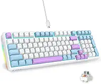 E-YOOSO Teclado mecânico para jogos com fio, teclas PBT redondas, interruptor linear personalizado, som cremoso, estrutura de vedação com espuma de amortecimento de som, retroiluminação LED ciano, luz