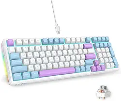 E-YOOSO Teclado mecânico para jogos com fio, teclas PBT redondas, interruptor linear personalizado, som cremoso, estrutura de vedação com espuma de amortecimento de som, retroiluminação LED ciano, luz