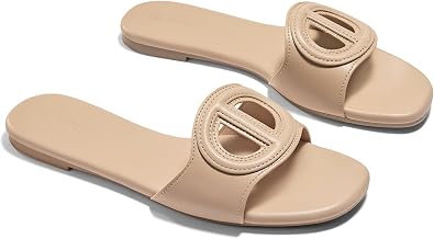 Coutgo Womens Open Toe Leather Summer Slide Sandals