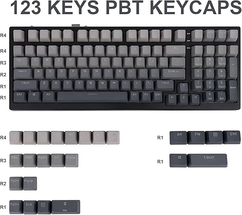 Miniatura 2 de Teclas personalizadas, 123 teclas grises degradadas, tapas de teclas PBT de doble disparo, teclas de brillo a través de teclas retroiluminadas,