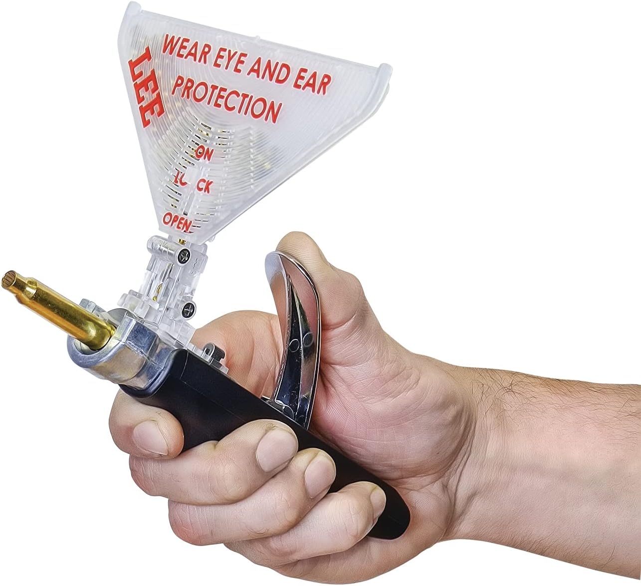 Hand holding a Lee Auto-Prime tool with a case inserted