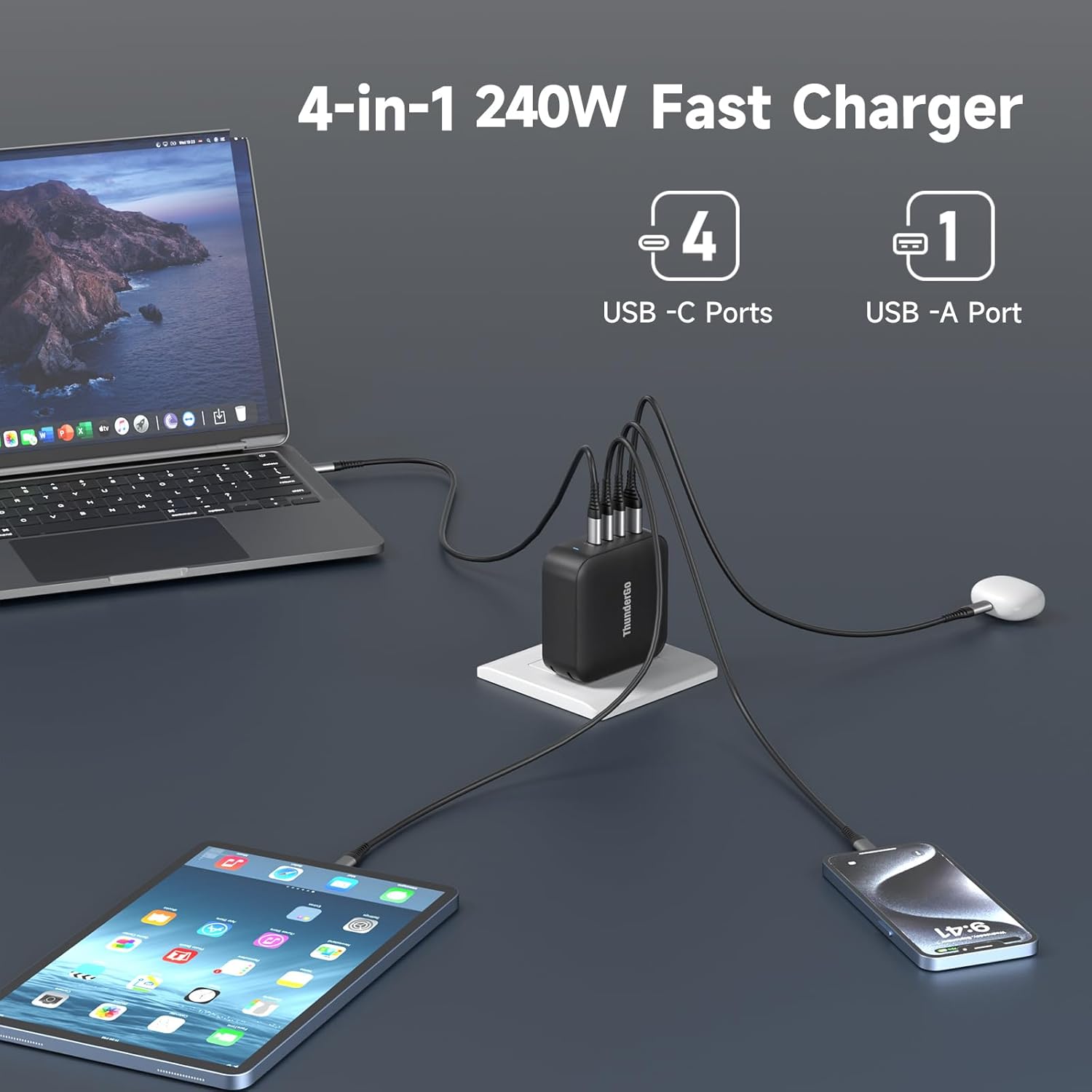 240W GaN Charger, 4-Port USB C Fast Charging Station with 140W Max PD 3.1 Port, Compact Travel Wall Adapter for MacBook Pro/Air M3/M2/M1, Laptops, iPhone 15/14, Galaxy S24/S23, iPad, Steam Deck - Image 3
