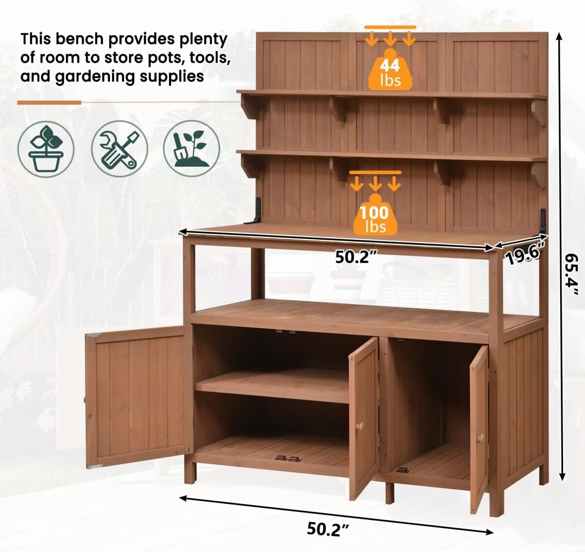 Potting Bench with Hutch, 50.2" Solid Fir Wood Garden Workstation, Large Countertop, 2 Shelves, 2 Cabinets, 3 Side Hooks, Outdoor Planting Table for Gardening, Natural