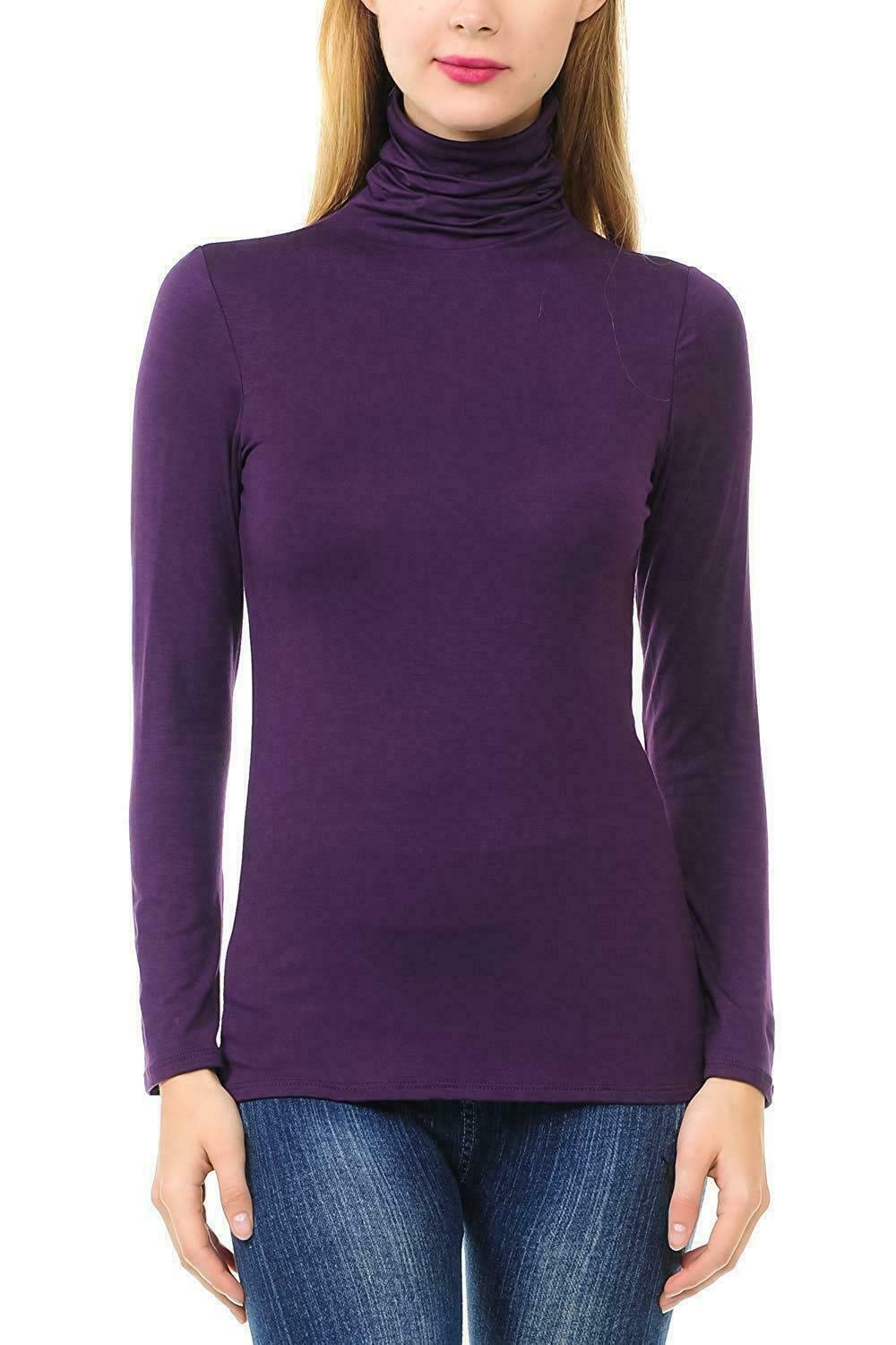 AN Ladies Women Basic Long Sleeve Plain Polo Turtle Neck Ladies Stretch Plus Size Top T Shirt (Purple, ML)