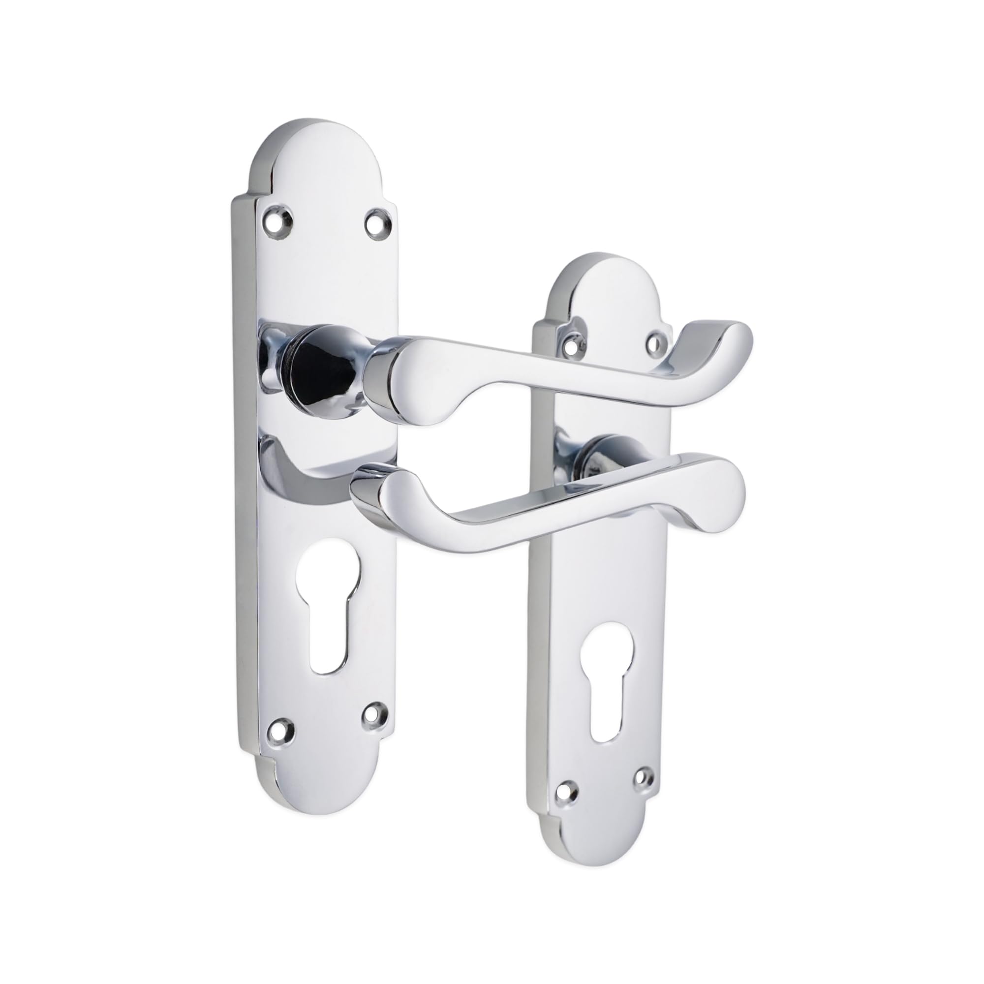 Infinity Decor Vintage Style Polished Chrome Victorian Scroll Lever Euro Profile Door Handle on Shaped Backplate Set Passage Door Pulls – Suitable for Internal & Exterior Doors