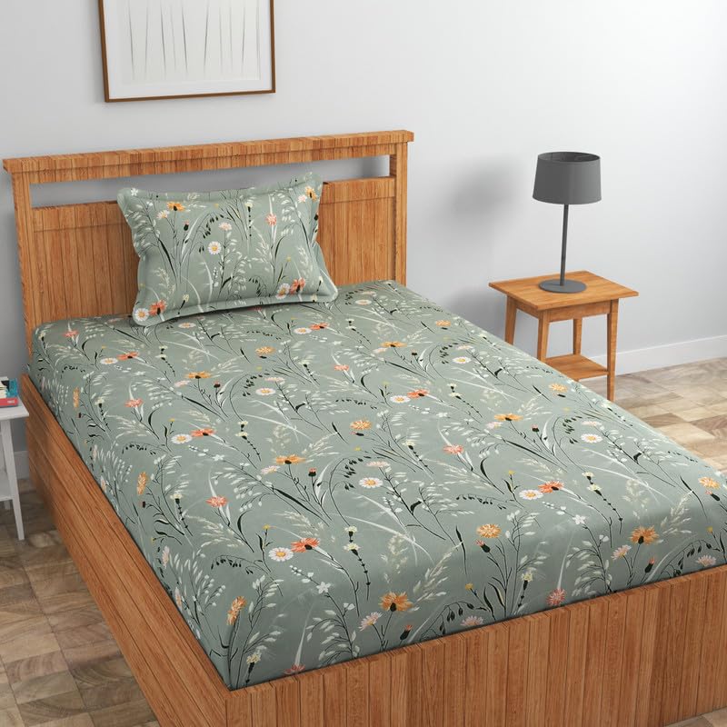 Image of NHD HOME Pure Cotton 180 to 220 tc Flat Single Bedsheets for Summer Breathable | Wrinklefree | Super Soft (Size-60 X 90 Inch) with 1 Pillow Covers (Size-17 X 27 Inches, Floral, Grey Rust)